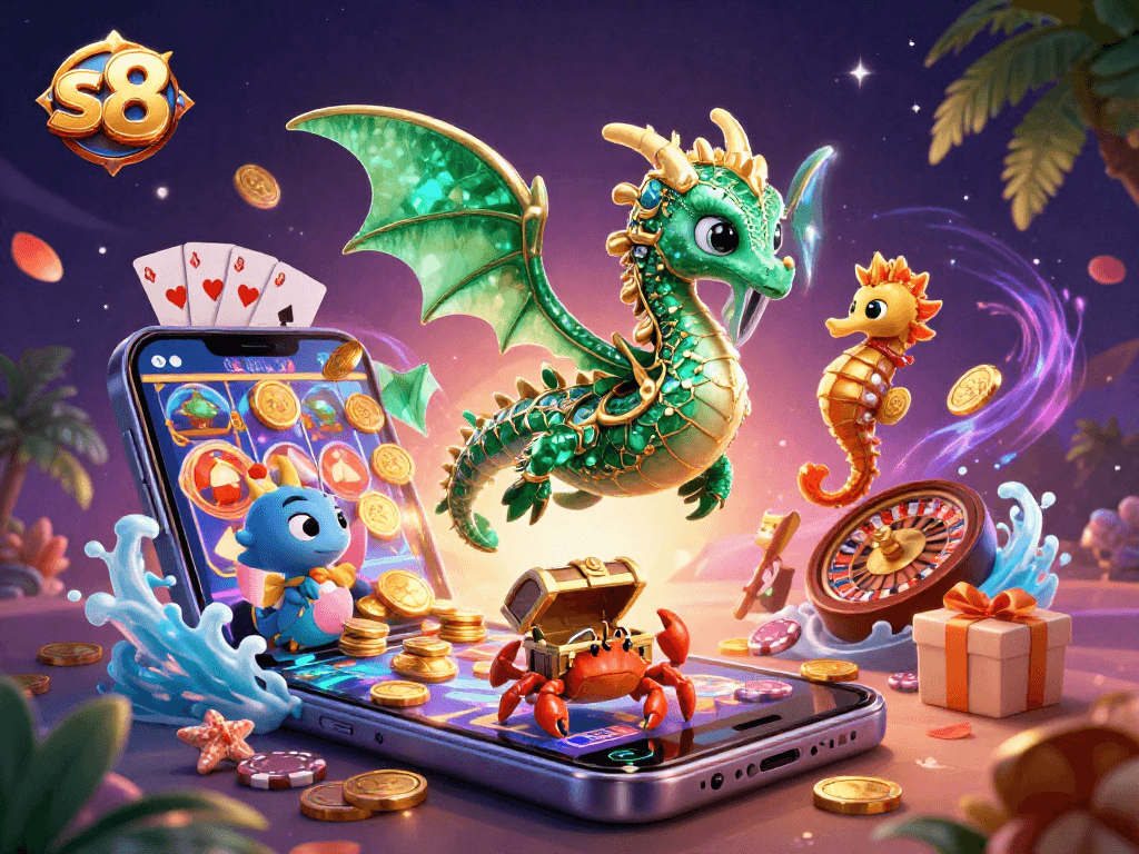 Engage with s8's vibrant casino gaming world, featuring immersive 3D characters and dynamic gaming elements.