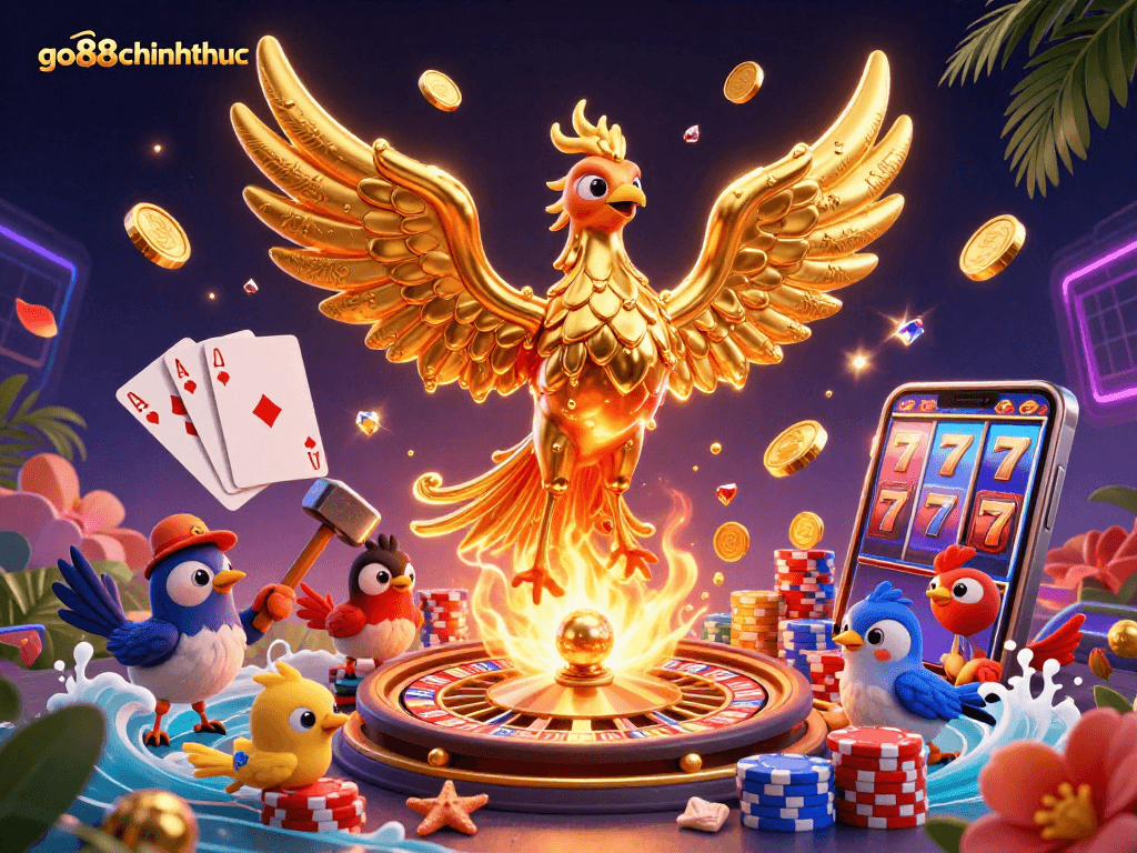 Experience thrilling gameplay with go88chinhthuc featuring a molten phoenix, golden coins, and vibrant casino elements.