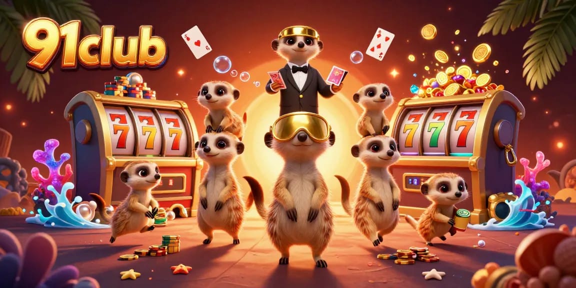 Engage with 91club's thrilling casino operations guided by meerkats in a vibrant 3D illustration.