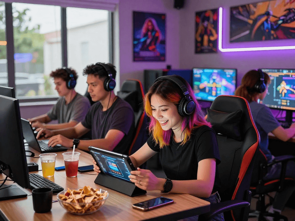 Group of friends enjoying online porn games in a vibrant gaming lounge with modern devices.