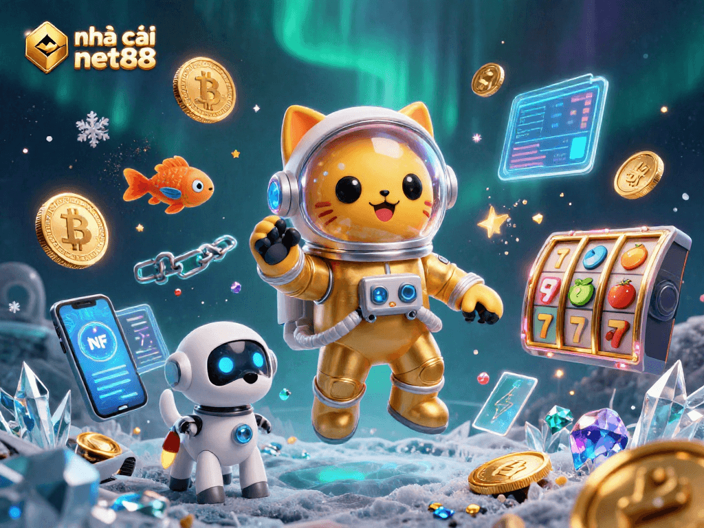 Spin to win at nhà cái net88 with a vibrant 3D casino illustration packed with slots and crypto elements.