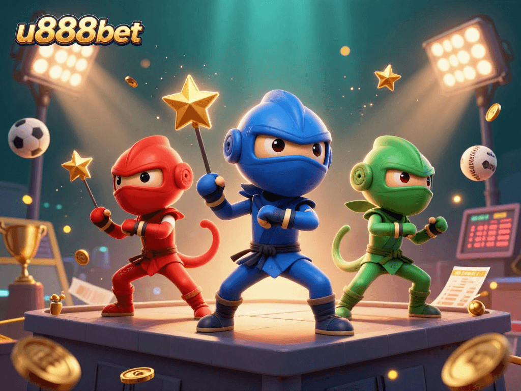 Experience thrilling action at u888bet with a vibrant 3D casino illustration showcasing sports betting excitement.