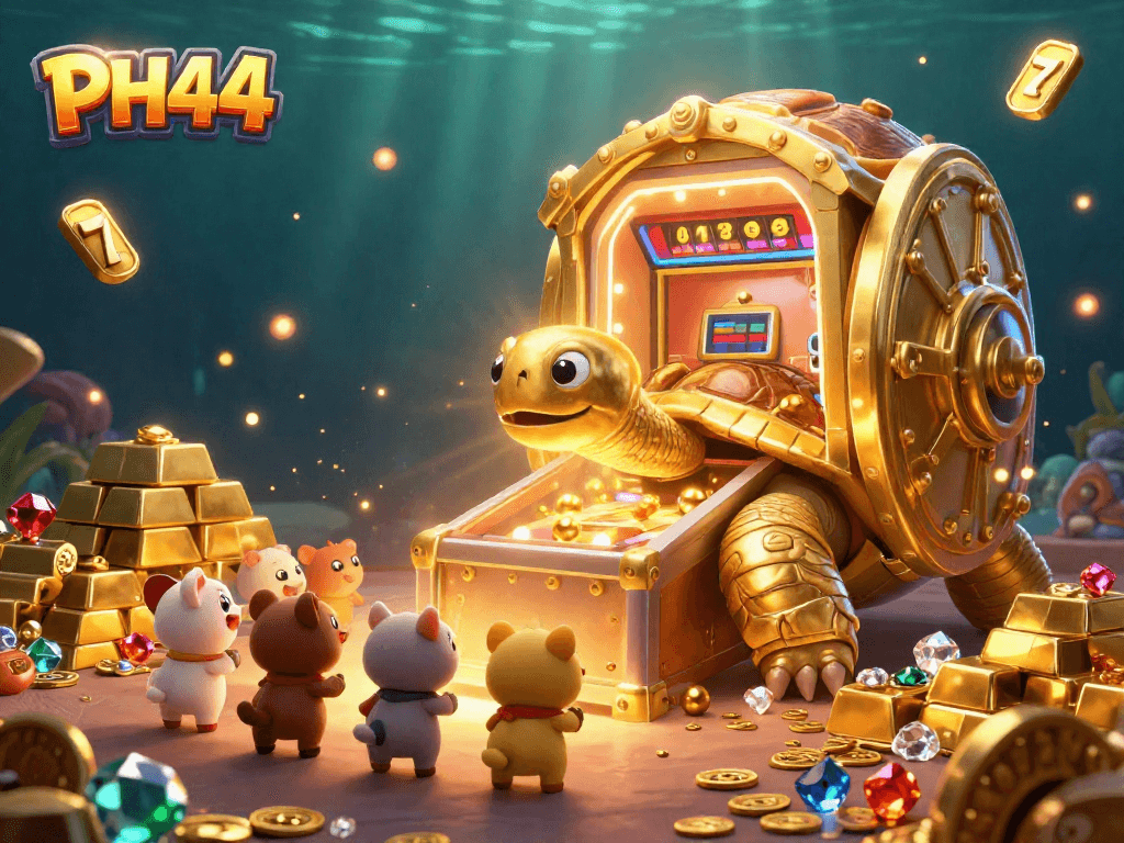 Players enjoy the thrilling games at PH44, featuring golden treasures and slot reels.