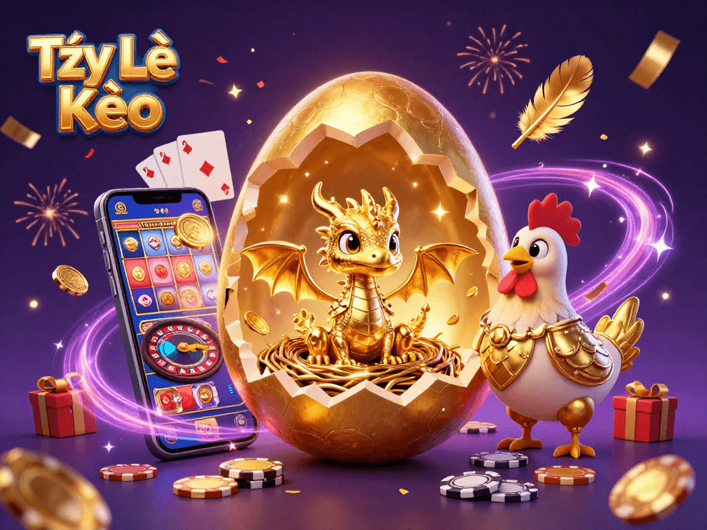 Tỷ Lệ Kèo showcases a winning scene with a golden dragon, poker chips, and vibrant casino elements.