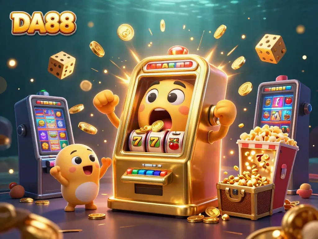 Celebrate big wins at DA88 with golden slot machines pouring coins and exciting casino elements.