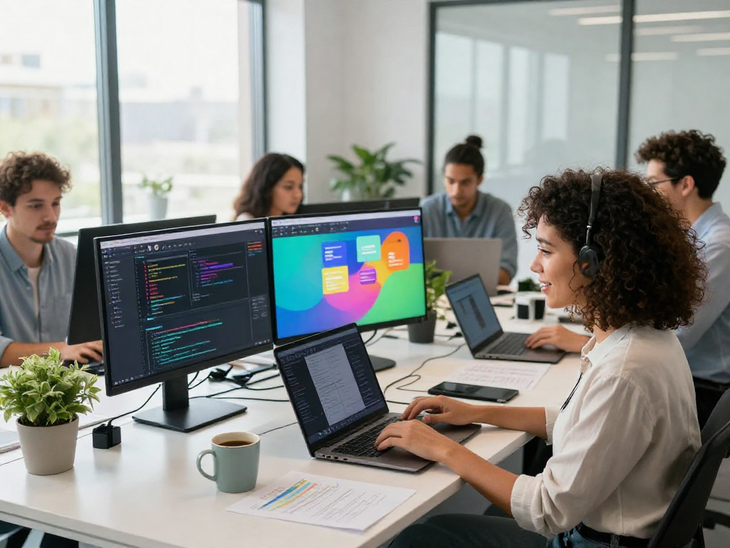 Diverse tech team collaborating over juicy ai chat in a modern office with coding and design elements.