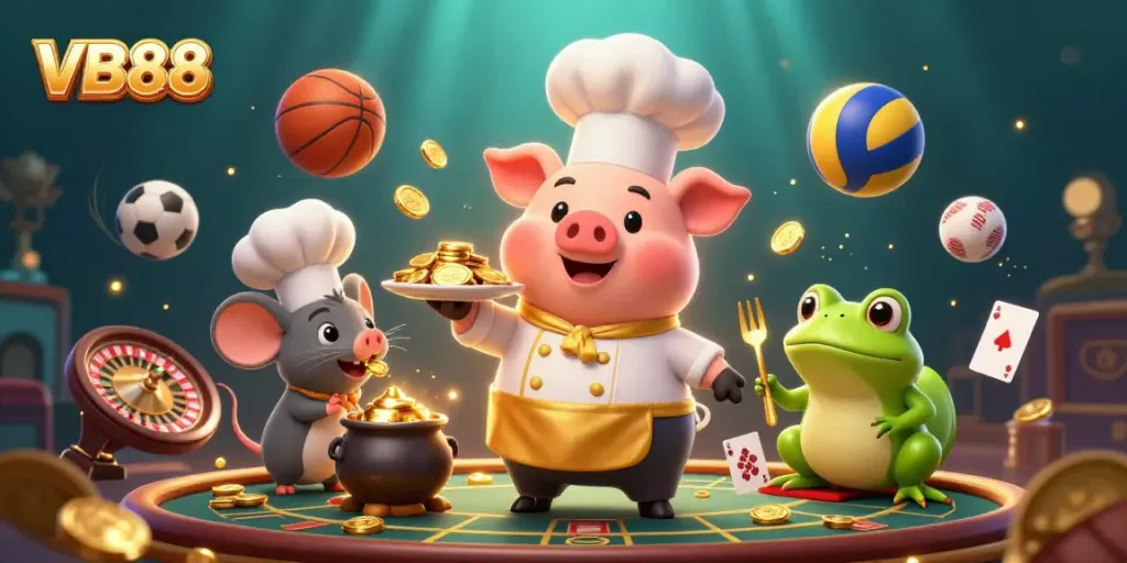 Experience the thrill of VB88 with a vibrant illustration of a chef pig, sous-chef mouse, and a critic frog amidst casino elements.