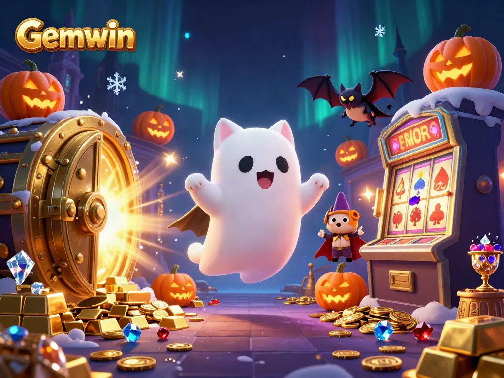 Engaging Gemwin gaming scene with a ghost cat and vampire bat amidst casino treasures.