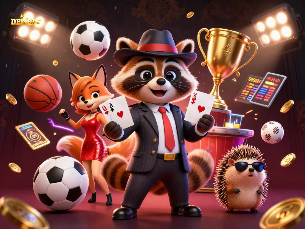 Engage with DEBET sports betting alongside a suave raccoon and his stylish companions in a vibrant casino scene.