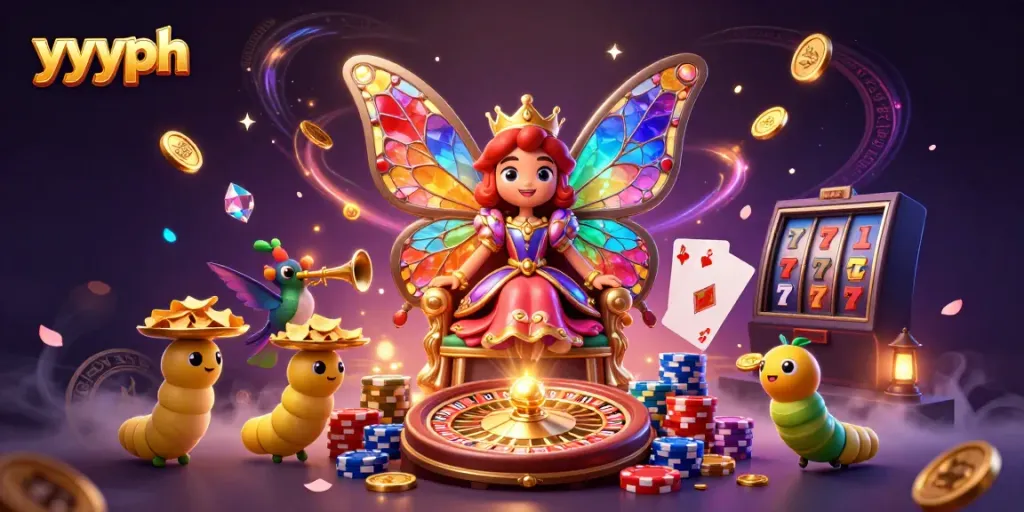Experience yyyph excitement with an enchanting casino scene showcasing a butterfly queen and vibrant gaming elements.