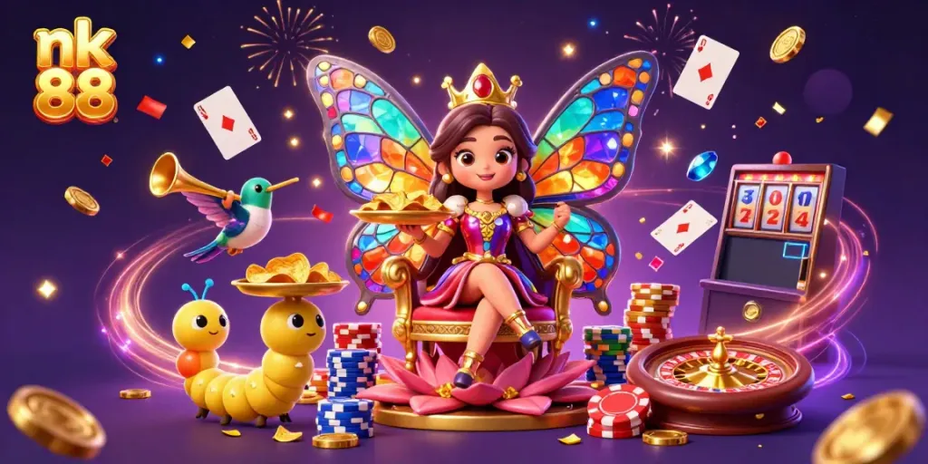 Engage in thrilling games at nk 88 with a vibrant casino illustration featuring a butterfly queen, poker, and roulette.