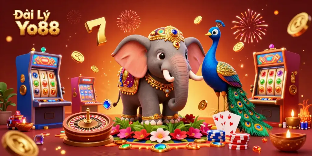 Engage with Đại Lý Yo88's vibrant casino game scene featuring a golden elephant and lively game elements.