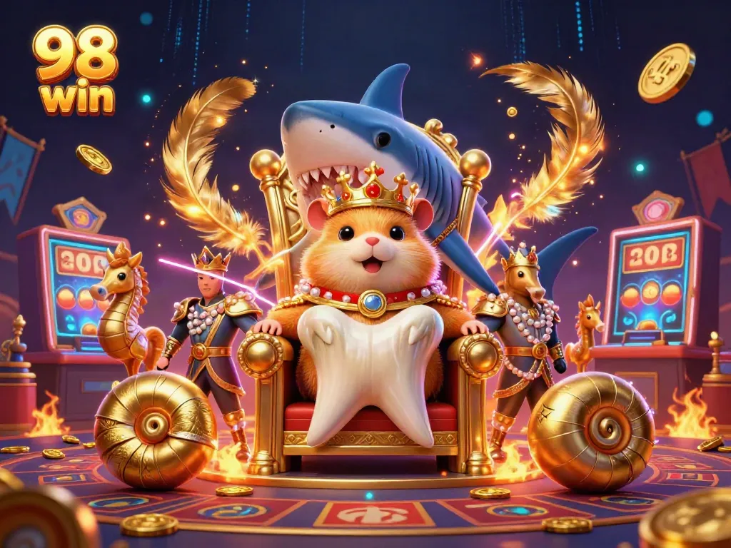 Experience the excitement of 98 win with a golden hamster king amidst a dynamic casino scene.