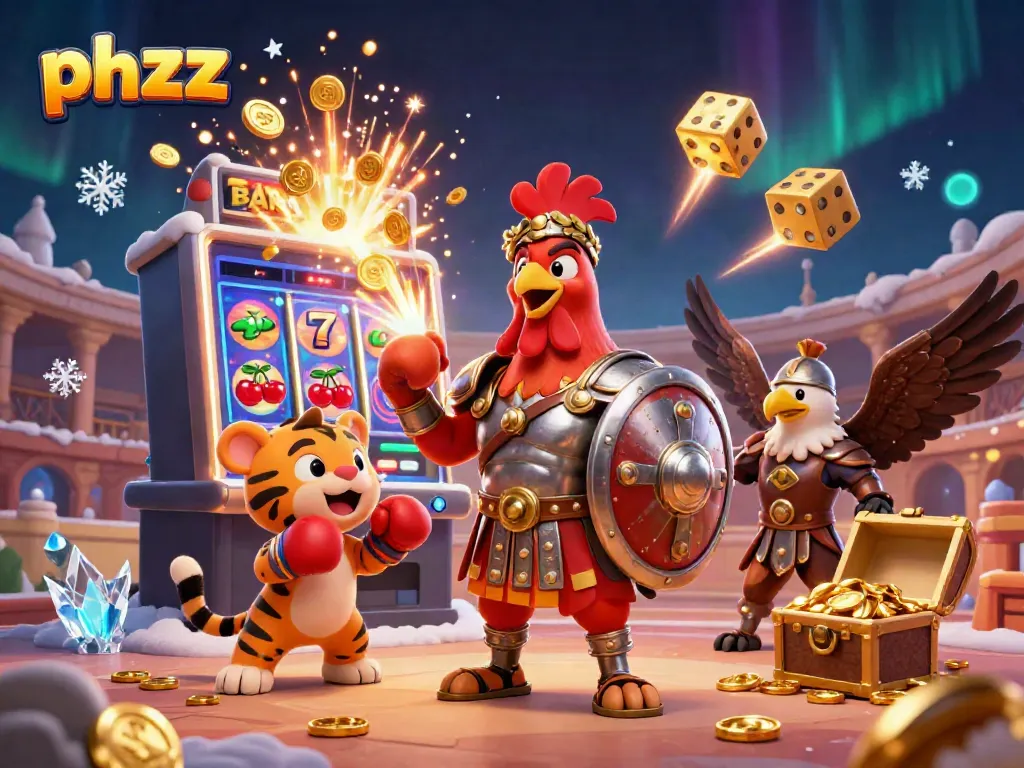 A dynamic illustration featuring phzzz, a gladiator rooster amid casino elements and festive jackpots.