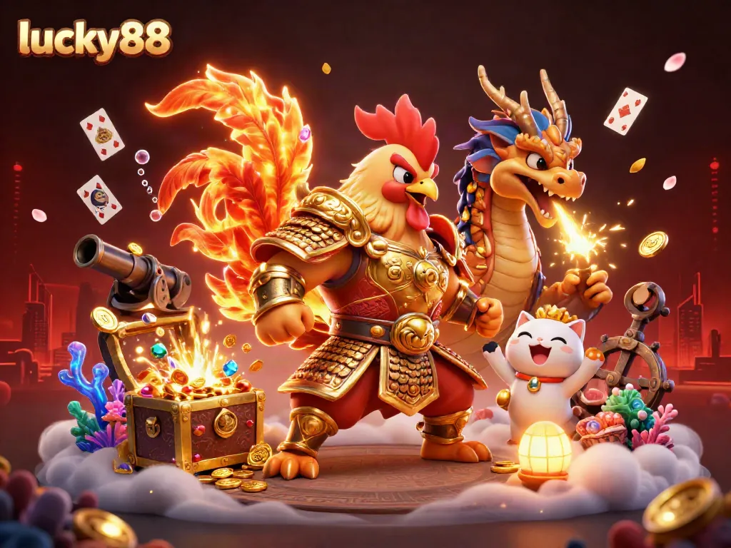 Experience thrilling wins at lucky88 with powerful warriors and sparkling treasures in this dynamic casino scene.