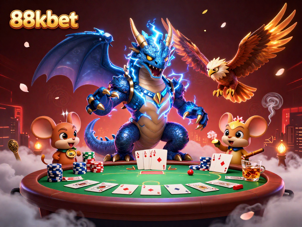 Engage in the thrilling world of 88kbet with a dynamic scene featuring a dragon, hawk and poker elements.