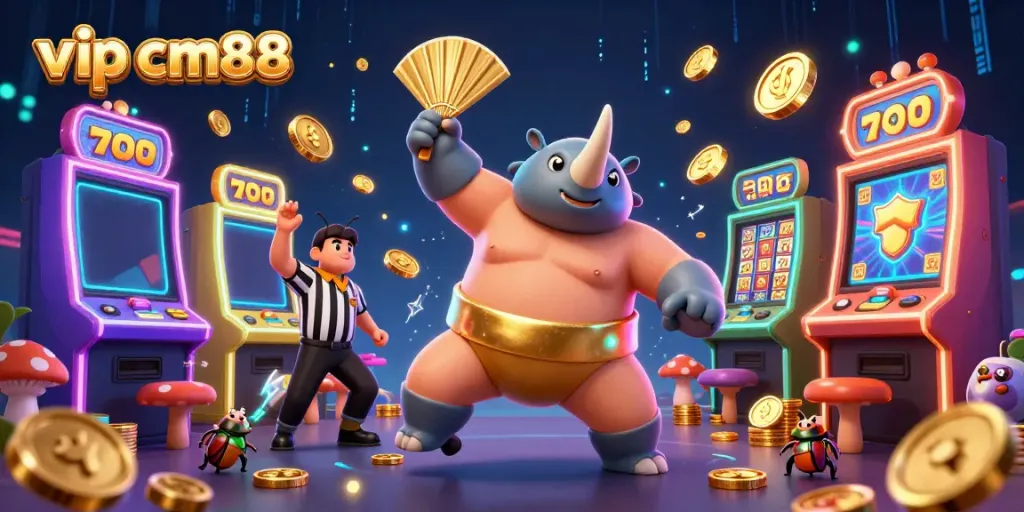 Experience the vibrant action of vip cm88 with a dynamic casino illustration featuring a beetle sumo champion.