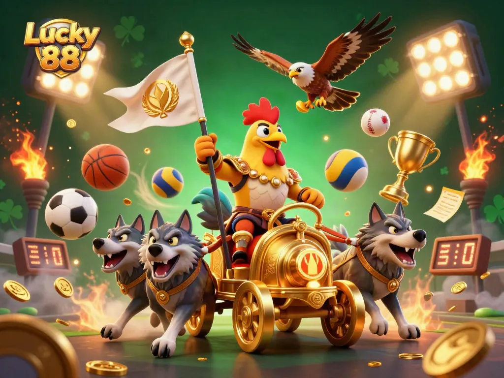 Experience the thrill of betting with Lucky 88, a vibrant illustration depicting exciting sports elements and a majestic rooster warlord.