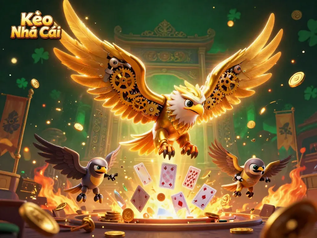 Kèo Nhà Cái soars through a dazzling casino scene filled with holographic cards and golden tokens.