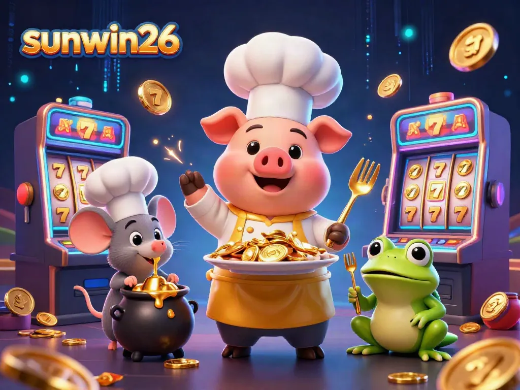 Experience thrilling wins at sunwin26 with a colorful slot machine scene featuring characters and gold coins.