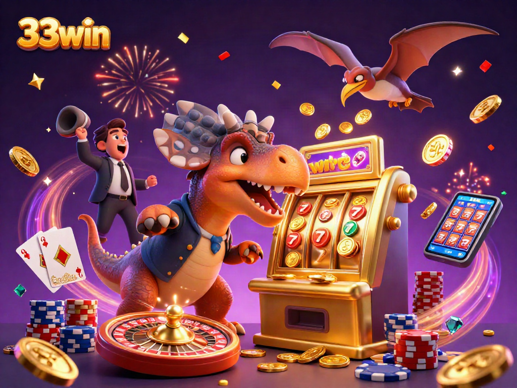 Embrace the fun at 33win with a vivid illustration of a pachycephalosaurus winning a jackpot!