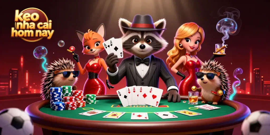 Bet on keo nha cai hom nay with a raccoon in a suit revealing a royal flush at a poker table.