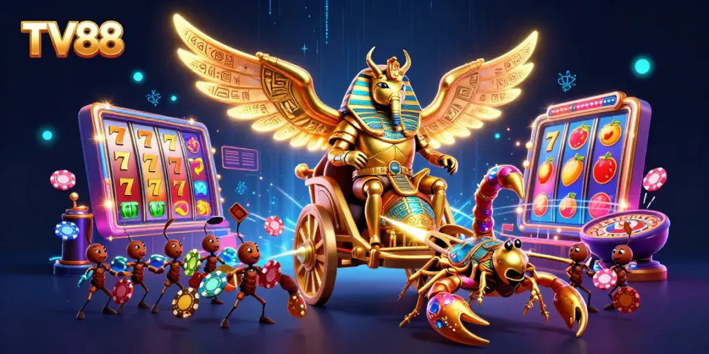 Engage with TV88's vibrant casino world, featuring a golden scarab beetle and rich gaming elements.