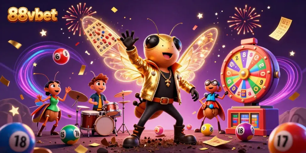 Exciting gameplay at 88vbet features a vibrant scene with a cicada rock star and colorful casino elements.