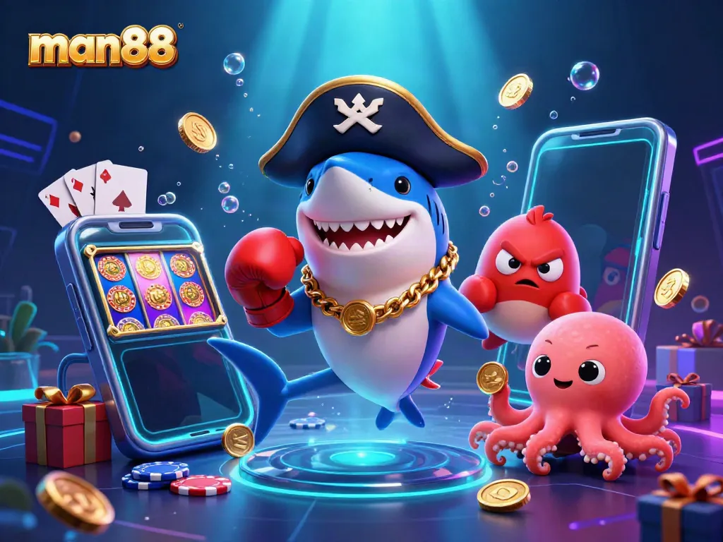 Experience the thrilling world of man88 with a playful shark, pufferfish, and octopus amidst vibrant gaming elements.
