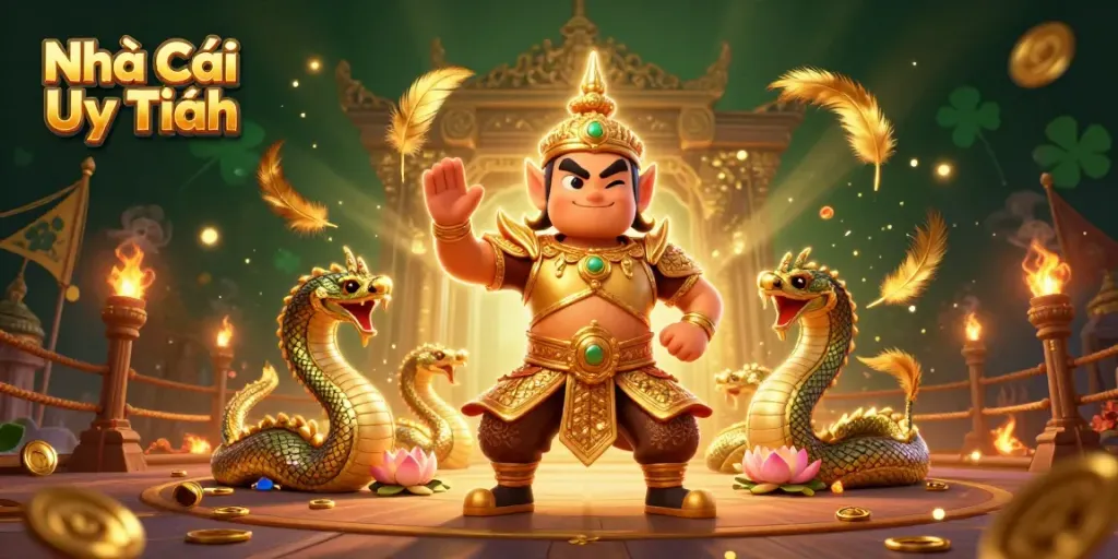 Engage in thrilling bets at Nhà Cái Uy Tín with a vibrant scene featuring brave temple guardians and rich gaming elements.