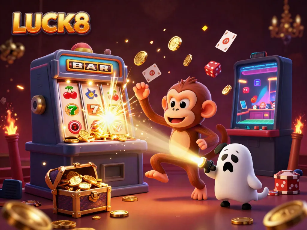 LUCK8 casino scene with a mischievous monkey and ghost-hunter puppy amidst an explosion of jackpot coins.