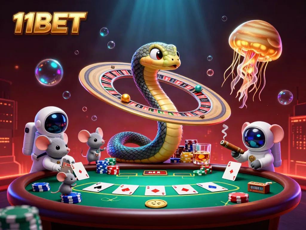 Bet with 11BET at a cosmic casino where astronaut mice wager on a roulette wheel surrounded by poker elements.