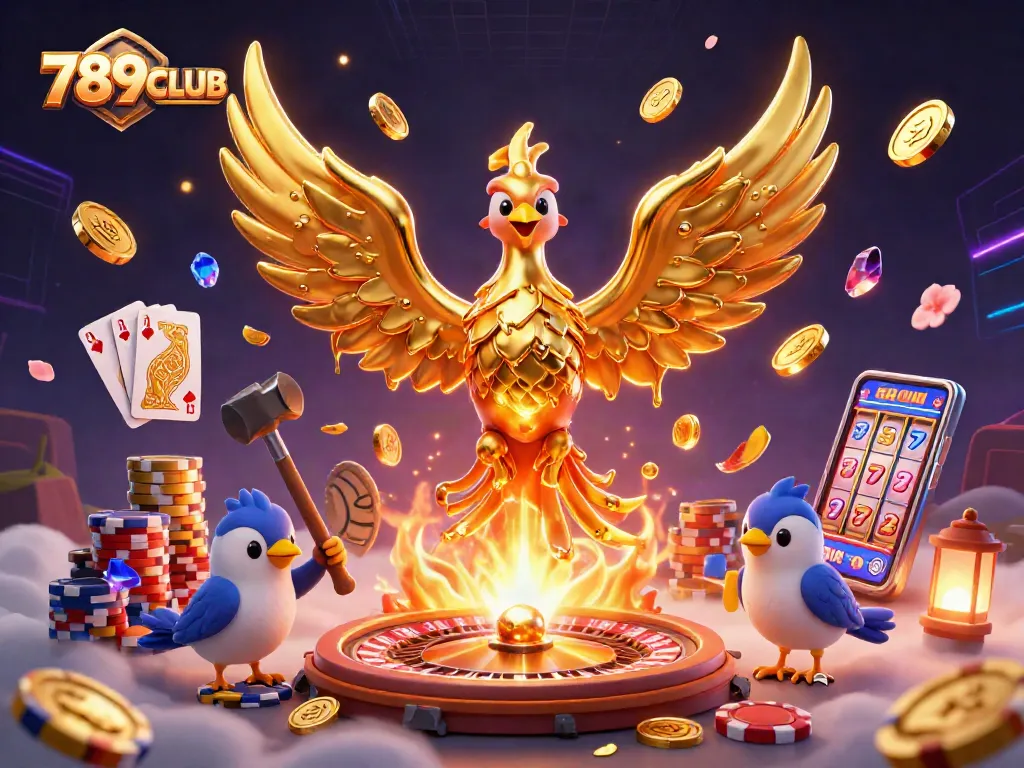 Experience thrilling gaming with 789CLUB featuring golden phoenix and dazzling casino elements in dynamic action.