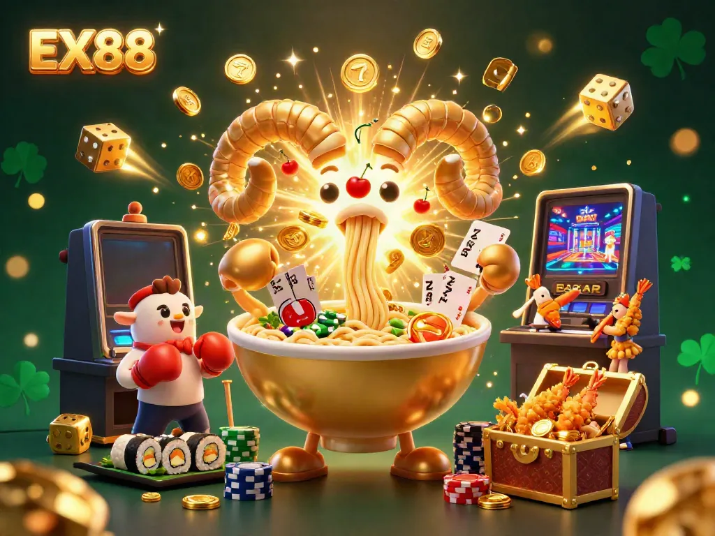 Experience the thrilling atmosphere of EX88 with animated characters celebrating casino victories in a vibrant digital setting.
