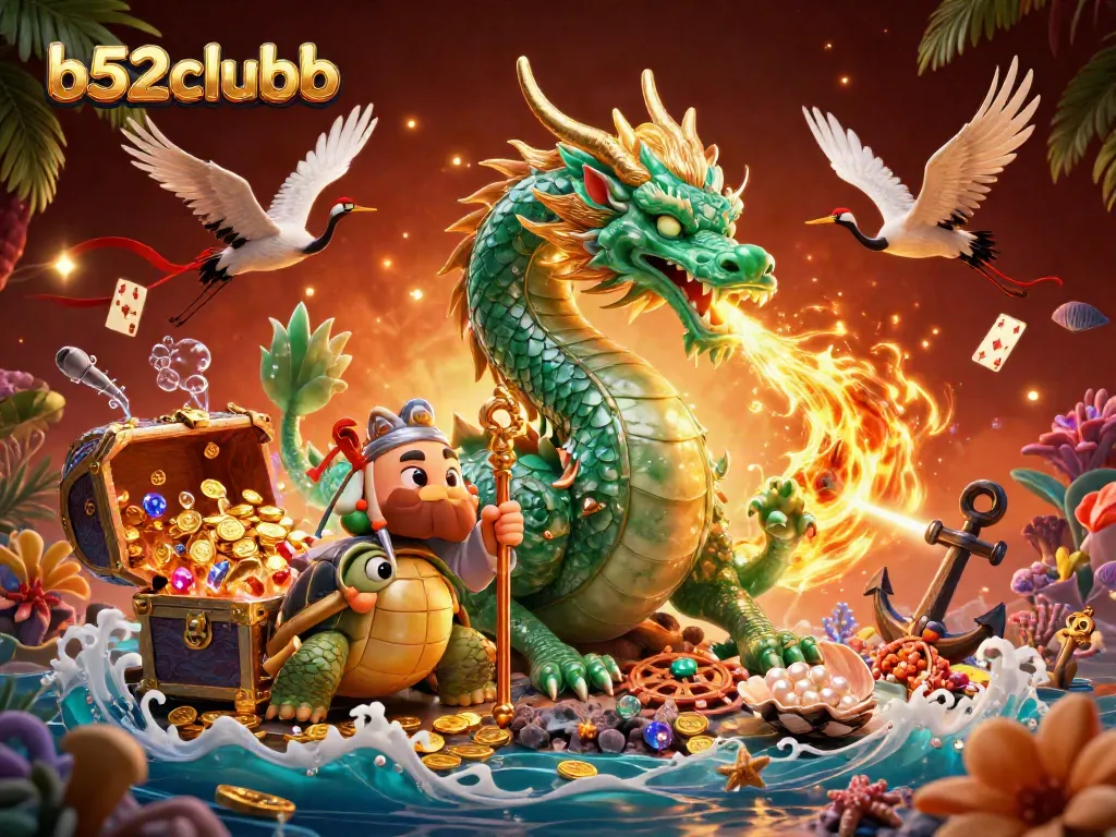 Experience thrilling gameplay at b52clubb with a majestic dragon, treasure, and vibrant casino elements.