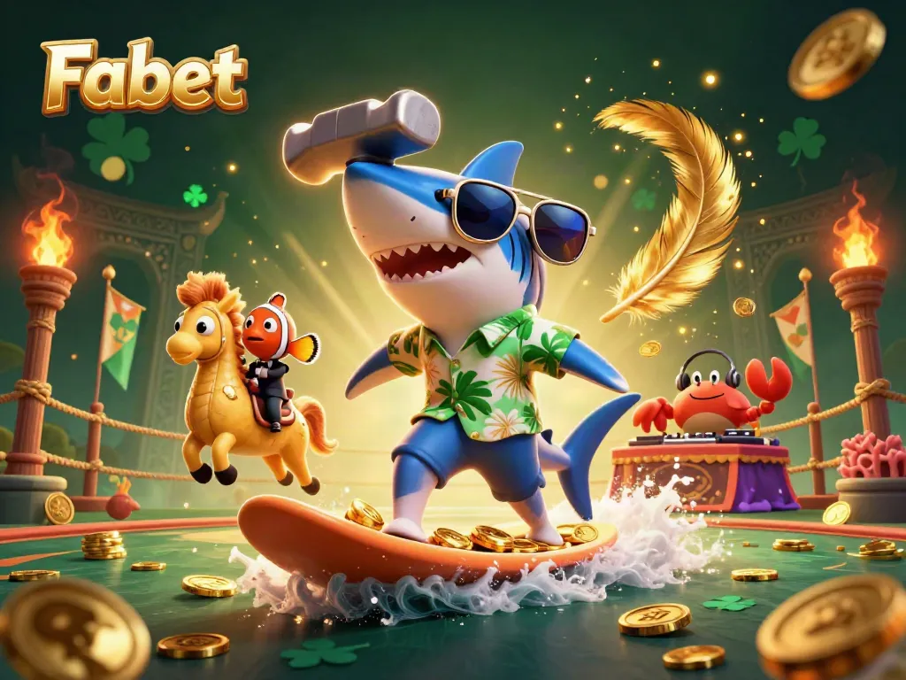 Fabet showcases a thrilling casino experience with a hammer-head shark surfing gold and interacting with vibrant sea creatures.
