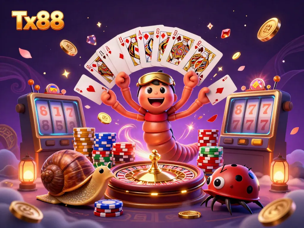 Join the fun with Tx88 as a cartoon millipede dealer showcases colorful casino elements in this vibrant illustration.