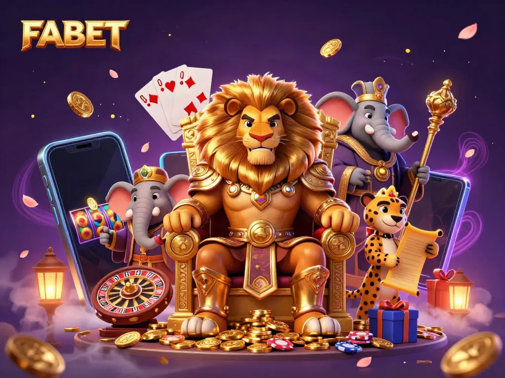 FABET showcases a fierce lion king surrounded by casino elements, bringing excitement to online gaming.