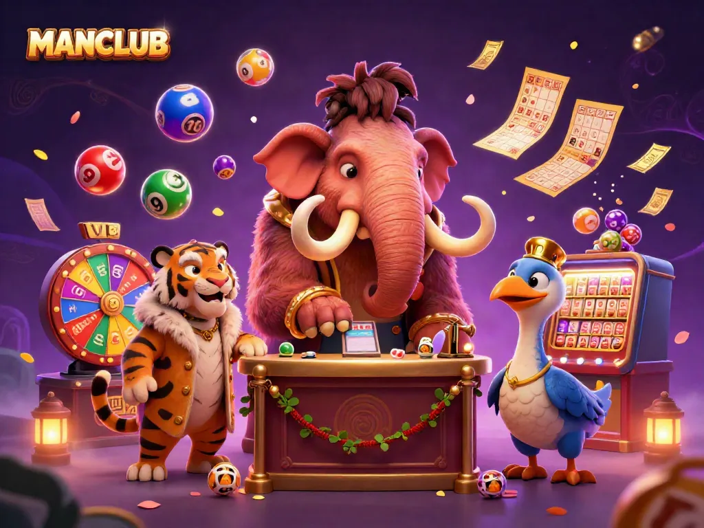 Engage in MANCLUB-themed casino excitement with dynamic characters and vibrant lottery elements.