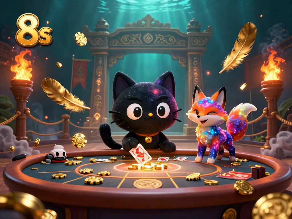 Engage in the cosmic thrill of 8s with a black hole cat and nebula fox at a vibrant casino.