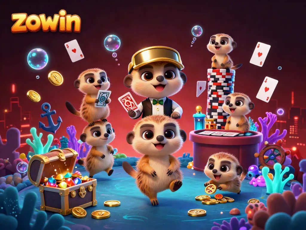 Zowin showcases a lively meerkat casino scene with card dealers, a pit boss, and colorful game elements.