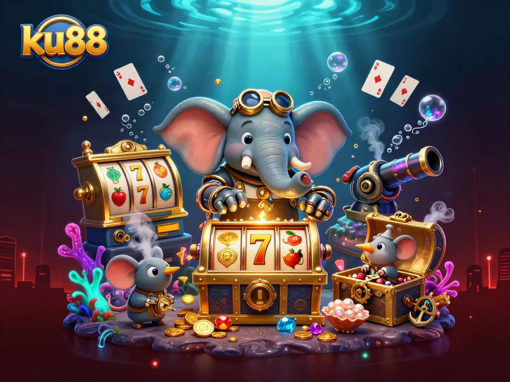Experience excitement with ku88 as the steampunk elephant operates a golden slot machine in a rich casino scene.