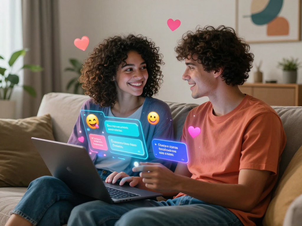 Engaging ai sex chat scene with a couple enjoying intimate conversation through AI, surrounded by playful digital elements.