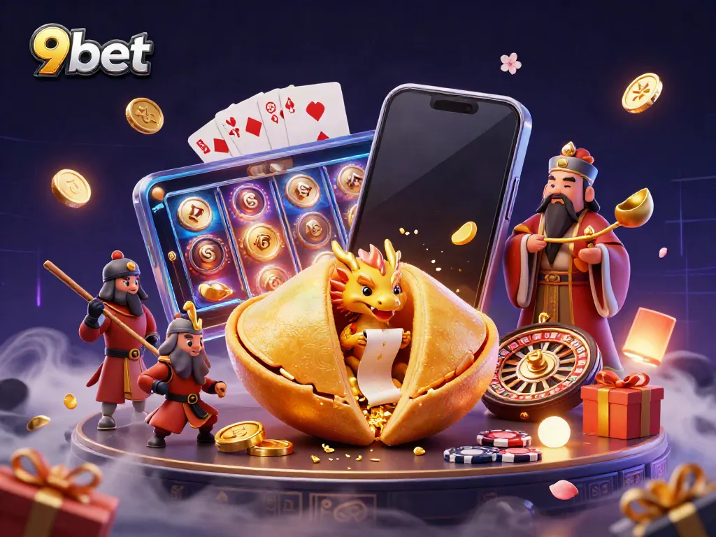 Engage with the vibrant 9bet casino world featuring a gold fortune cookie, dragon, and lively gaming elements.