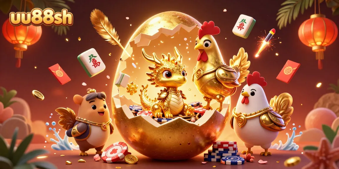 Engage with uu88sh's thrilling golden dragon and poker chips scene, surrounded by festive casino elements.