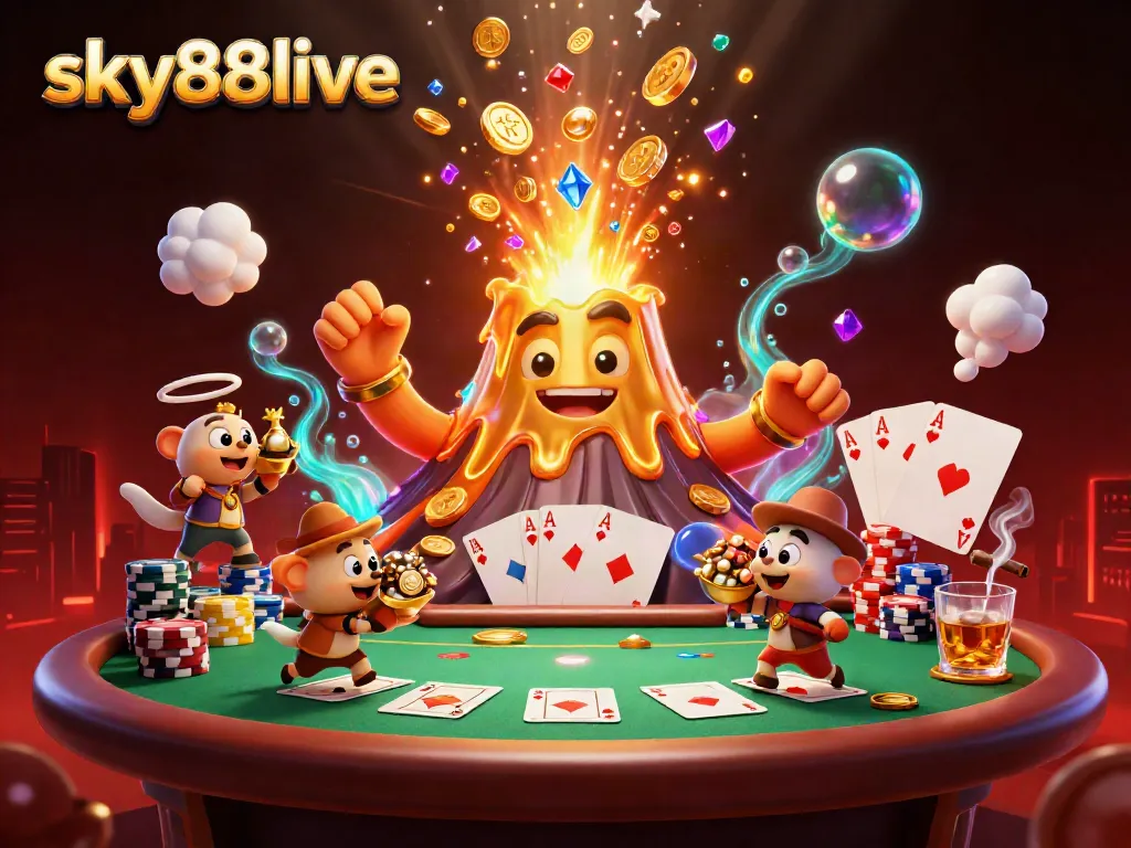Experience thrilling wins at sky88live with this dynamic casino illustration featuring a golden volcano and poker excitement.