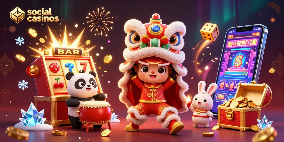 Engage with social casinos through vibrant 3D illustration of a festive gaming scene.