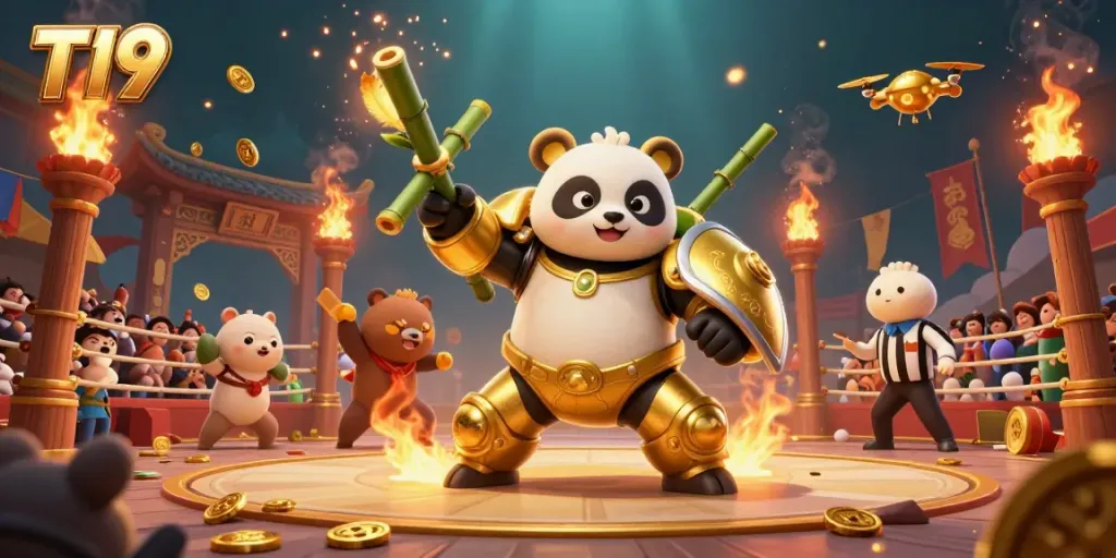 Engage in thrilling battles with T19, featuring golden robot pandas and a vibrant casino arena.