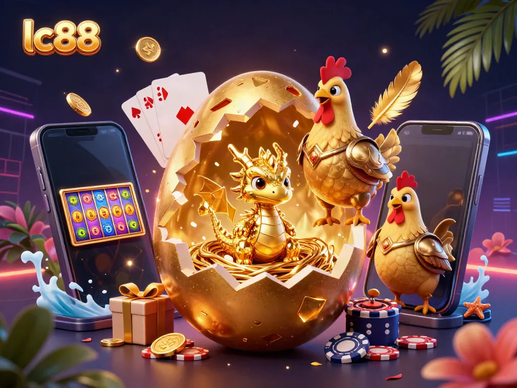 Engage with lc88's vibrant golden dragon guarding poker chips amid sparkling slot game elements.