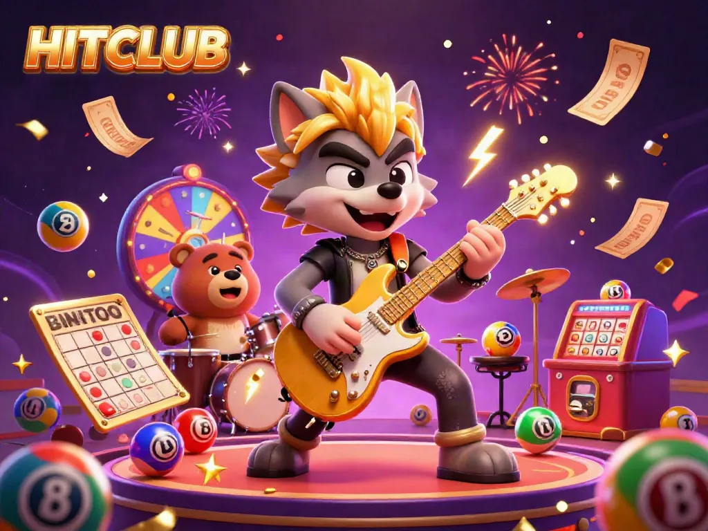 Engaging HITCLUB scene depicting a rock star wolf and drummer bear with colorful gaming elements.